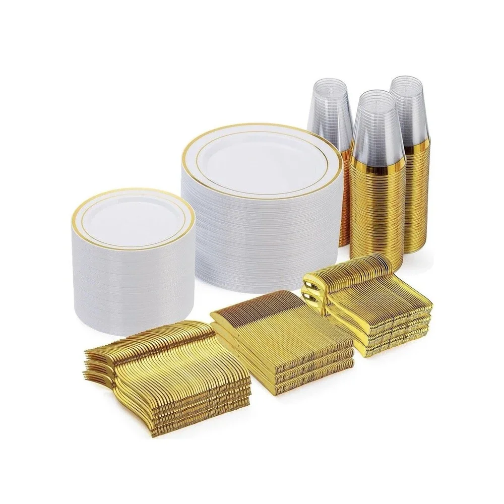 600PCS Gold White Plastic Party/Dinnerware Set for 100 Guests